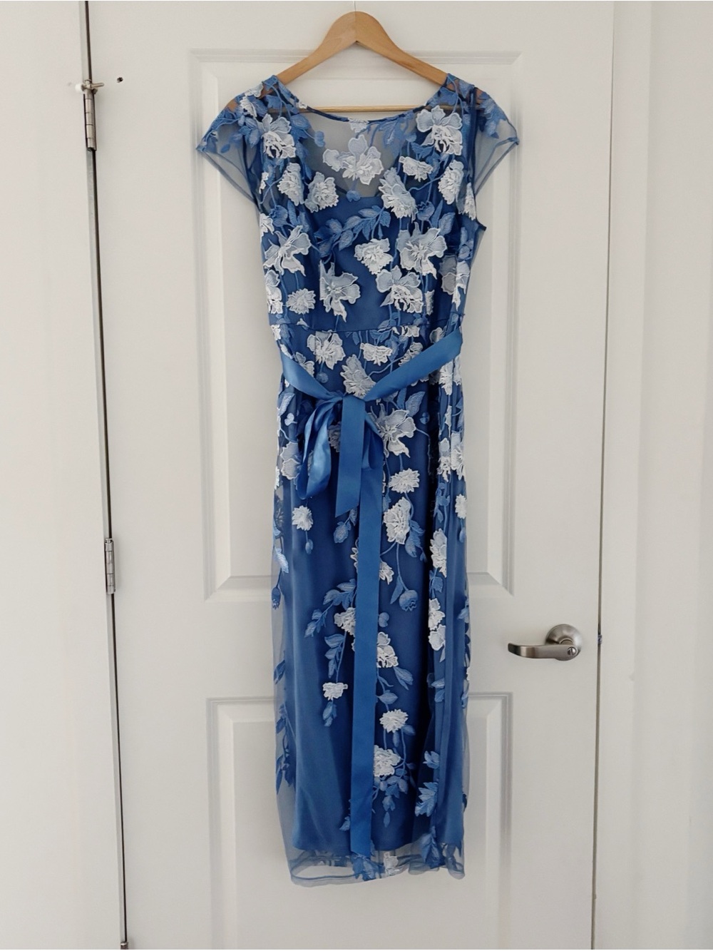 Adrianna Papell Floral Cascading Column Gown French Blue Multi 12 - Picture 12 of 12